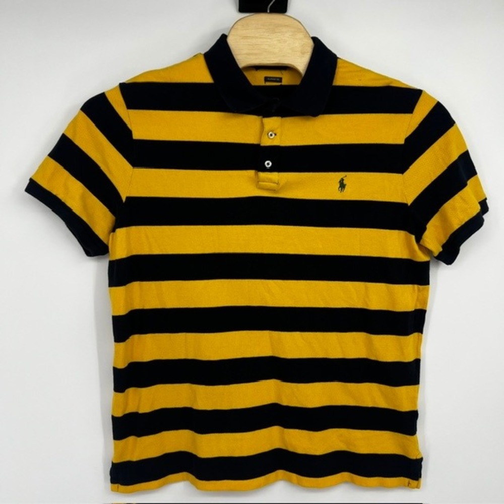 Polo Ralph Lauren Mens Large Classic Fit Navy Blue and Yellow Striped Polo Shirt